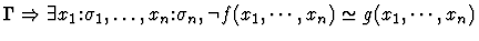 $\Gamma \Rightarrow
\exists x_1\mbox{:}\sigma_1, \dots ,x_n\mbox{:}\sigma_n,
\neg f(x_1, \cdots ,x_n) \simeq g(x_1, \cdots ,x_n)$